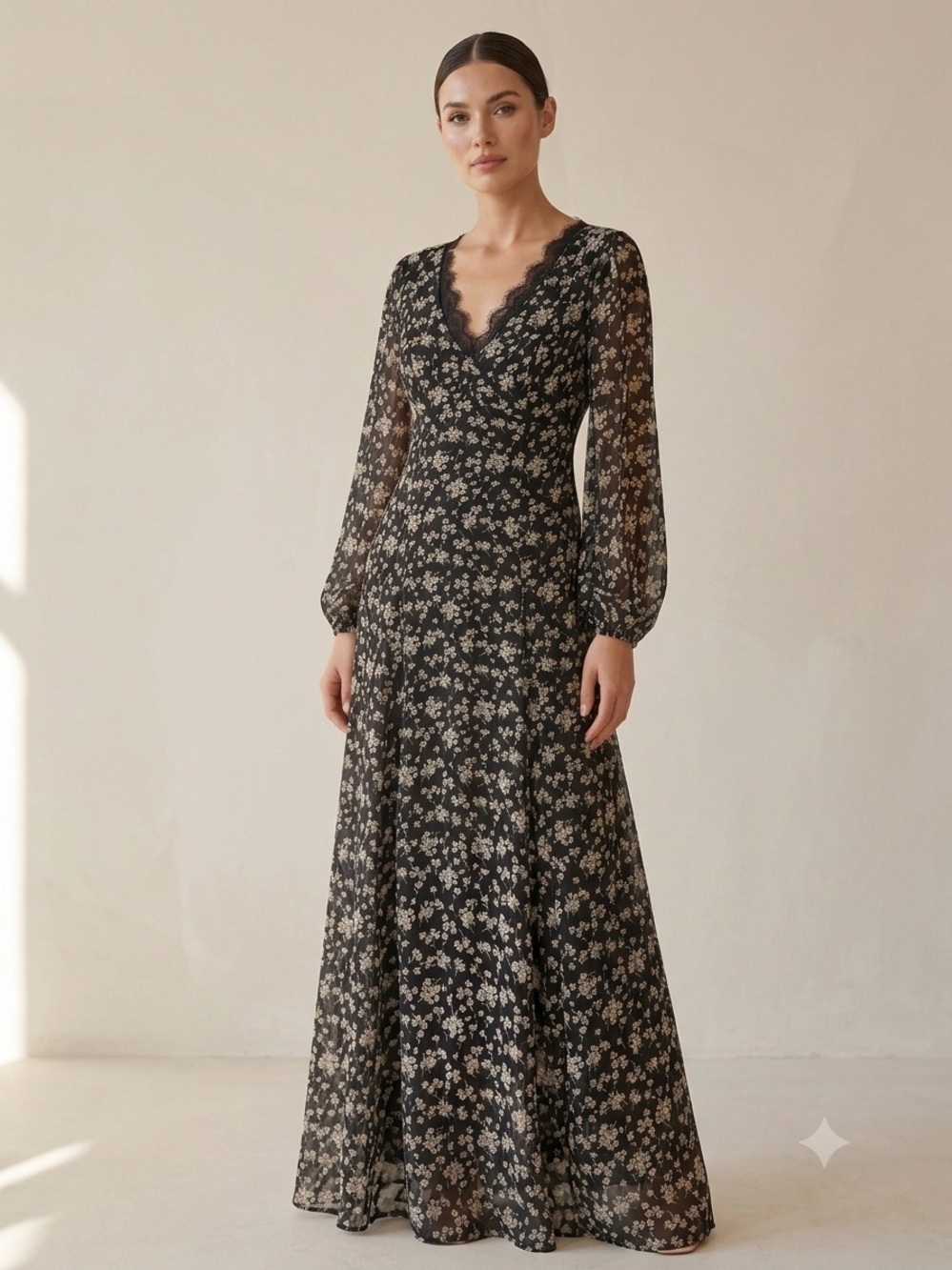 Elegant Black Floral Lace-Trim Maxi Dress